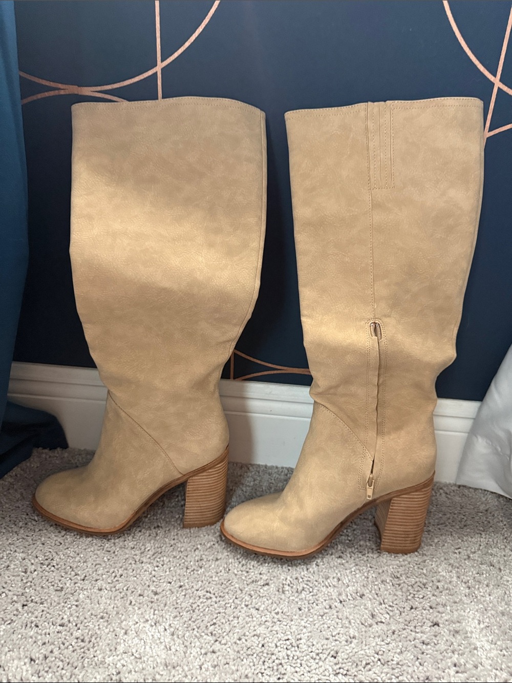 Knee-High Beige Block Heel Boots